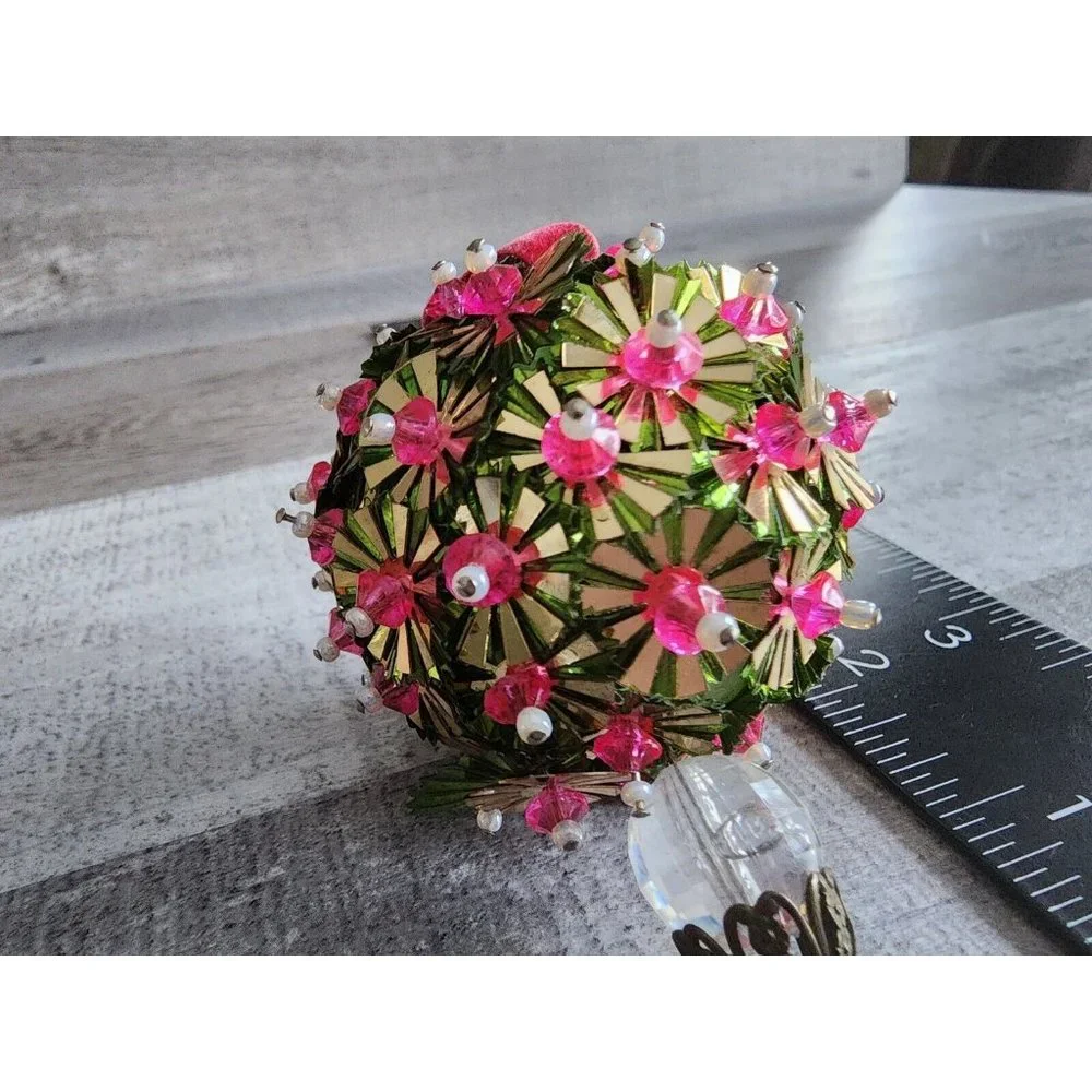 Vintage Christmas Ornament 1960s Velvet Beaded Push Pin Embellish Green Pink - Picture 6 of 10